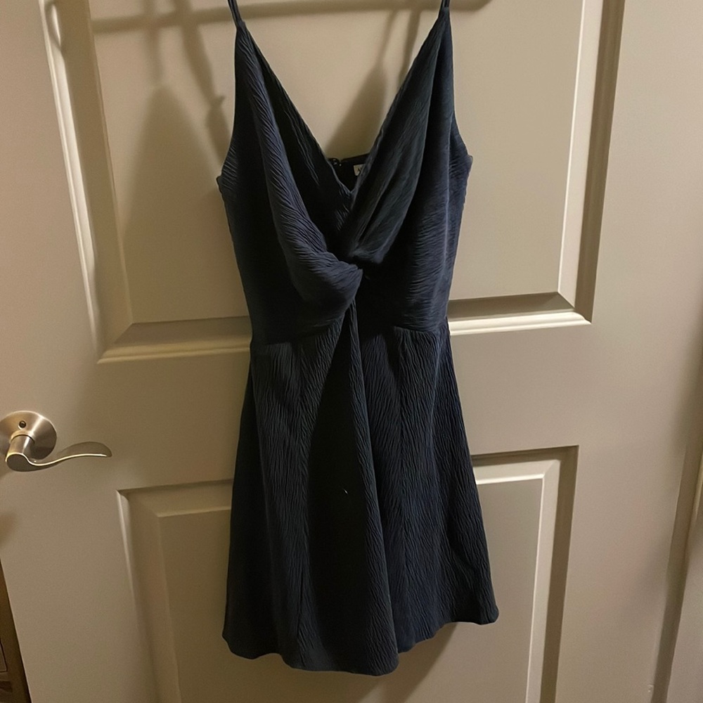 Abercrombie & Fitch A&F Crinkle Texture Twist Front Mini Dress Navy Blue SM/Tall